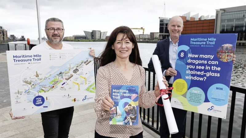 Artist and former Harland &amp; Wolff employee, Colin Davidson, left, Kerrie Sweeney, Chief Executive of Titanic Foundation and Joe O&rsquo;Neill, Belfast Harbour CEO, launch the new Maritime Treasure Trail. Picture: Jim Corr Photography 