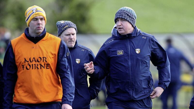 Antrim manager Darren Gleeson (right) with Johnny Campbell (left) and Jim Close (centre) Picture: Seamus Loughran. 