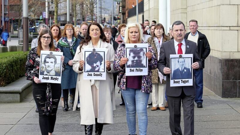 Representatives of the Teggart, Connolly, Murphy and Philips families arrive at the Ballymurphy inquest at Laganside Courts in Belfast. Picture by Mal McCann 