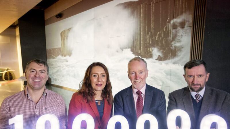 Celebrating a million visitors to the Giant&#39;s Causeway are (from left) Brian Connolly, Tourism NId; Heather McLachlan, National Trust ; Aubrey Irwin, Tourism Ireland; and Cllr George Duddy, Causeway Coast &amp; Glens Borough Council 