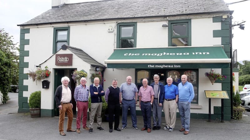 John Murphy (second from left) with former Down team-mates Dickie Murphy, Colm McAlarney, John Harte, who sadly passed away last year, Peter Rooney, Mickey Cole, Dan McCartan, Sean O&#39;Neill and James Milligan at one of their regular meet-ups at the Maghera Inn in 2018. Picture by Mal McCann 