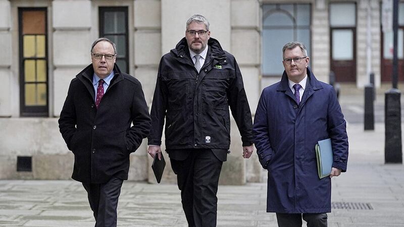 (left to right) Lord Dodds of Duncairn, East Belfast MP Gavin Robinson and DUP leader Sir Jeffrey Donaldson arrive at the Foreign Office in central London for a meeting with then Foreign Secretary Liz Truss about the Northern Ireland Protocol 