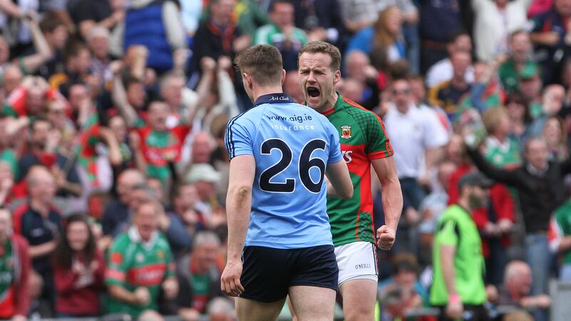 Andy Moran celebrates scoring the point that drew Mayo level with Dublin in Sunday's All-Ireland Senior Football Championship semi-final at Croke Park<br/>Picture: Colm O'Reilly&nbsp;