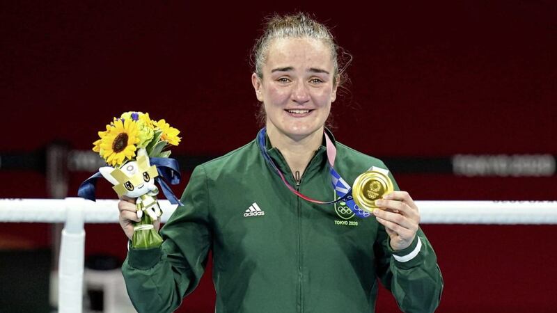 Ireland&#39;s Kellie Anne Harrington celebrates with their gold medal after the Women&#39;s Light (57-60kg) final bout of the Tokyo 2020 Olympic Games in Japan. Picture by Adam Davy/PA Wire 