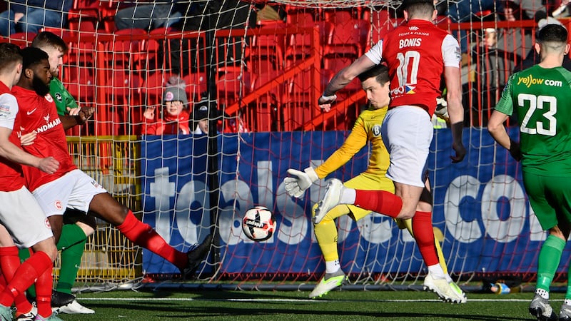 2nd March 2024
Clearer Water Irish Cup quarter final  match between Larne and Newington at Inver Park .

Larne’s Lee Bonis scores

Mandatory Credit Inpho/Stephen Hamilton