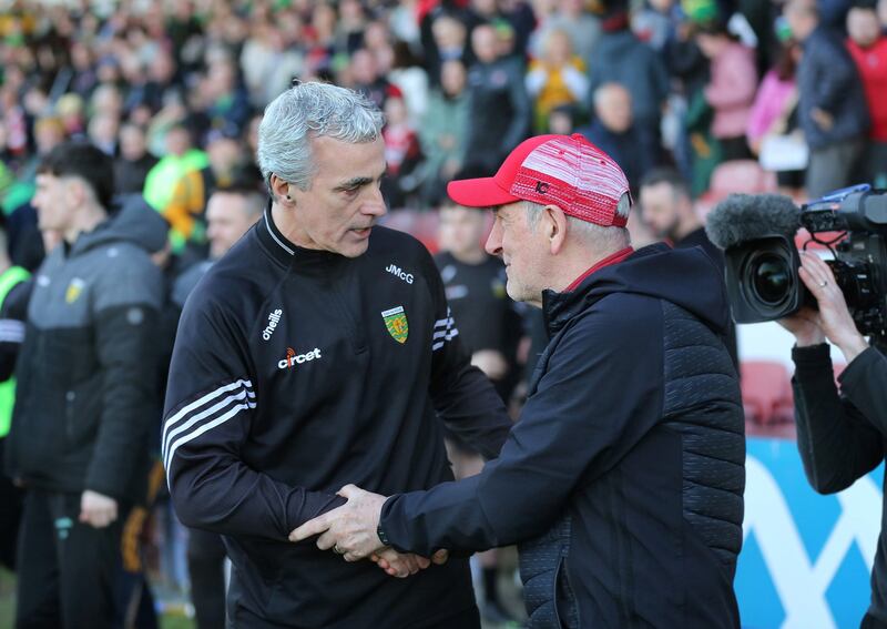 Jim McGuinness got the better of Mickey Harte once more as Donegal defeated north-west nei.ghbours Derry on Saturday night. Picture by Margaret McLaughlin