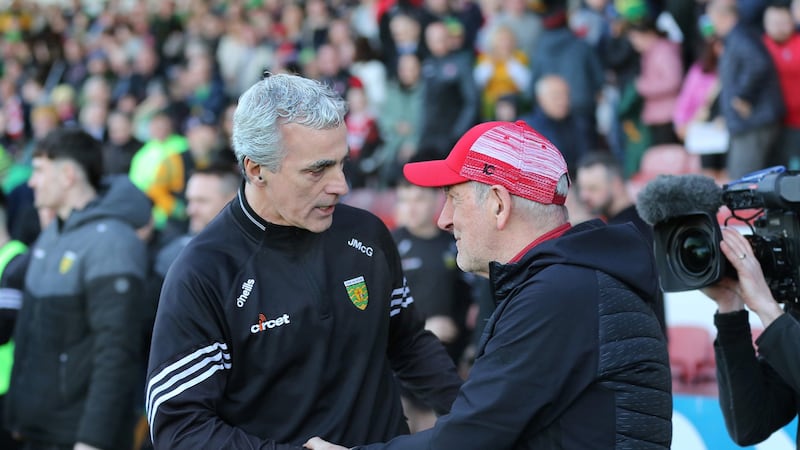 Jim McGuinness got the better of Mickey Harte once more as Donegal defeated north-west nei.ghbours Derry on Saturday night. Picture by Margaret McLaughlin