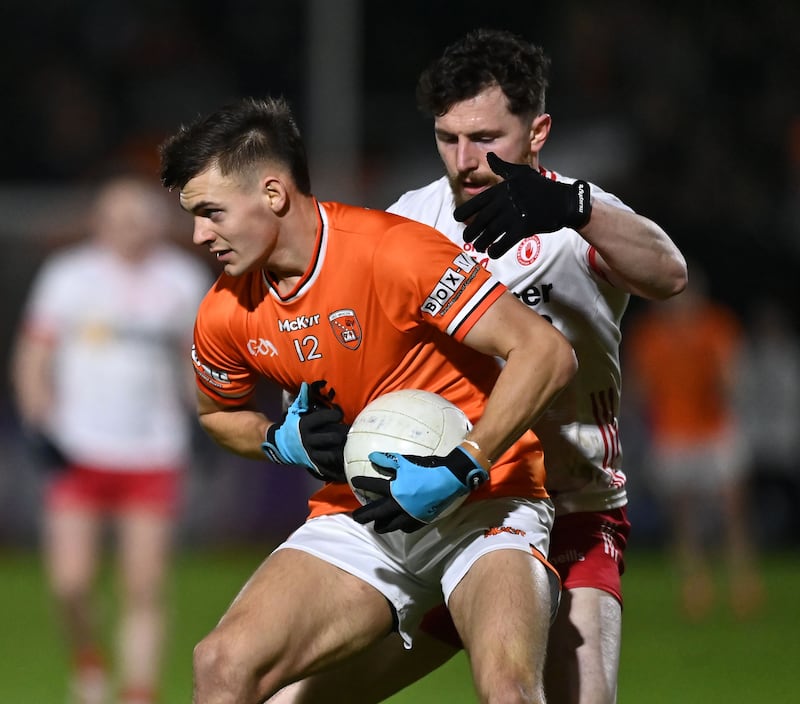 Saturday 1st February 2025
Darragh McMullan of Armagh in action against Rory Brennan of Tyrone in the Allianz National Football League at Athletic grounds Co Armagh . Picture Oliver McVeigh