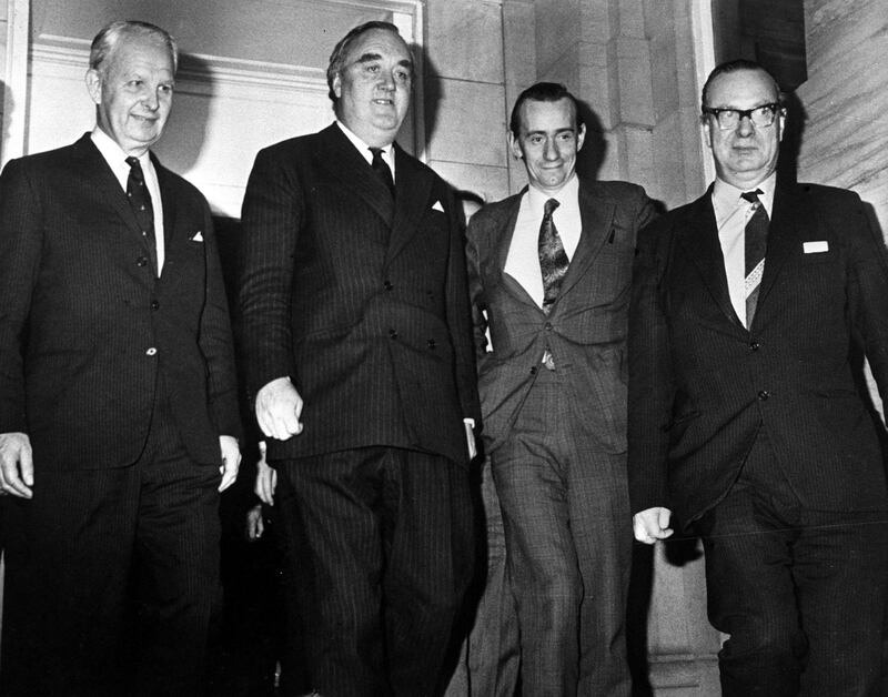 Ulster Unionist leader Brian Faulkner, Secretary of State Willie Whitelaw, Oliver Napier of the Alliance Party and SDLP Gerry Fitt leave Stormont Castle