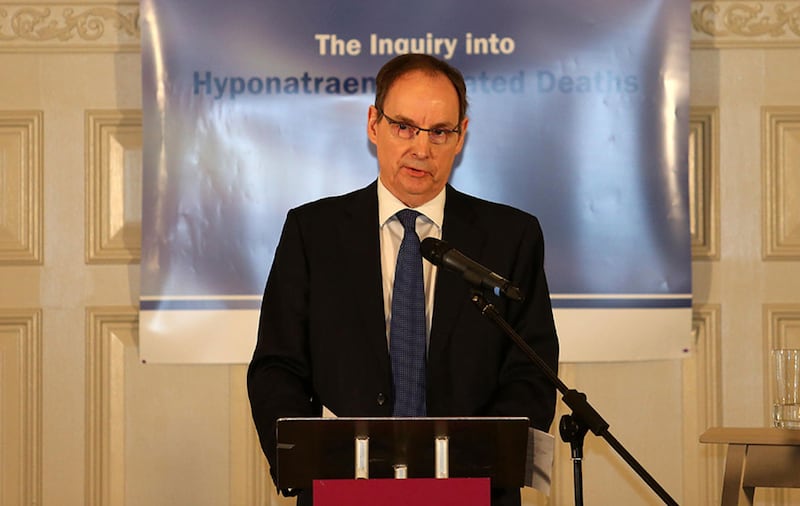 Mr Justice O'Hara at the launch of the report into the 14-year inquiry hyponatraemia-related deaths. Picture: Mal McCann&nbsp;
