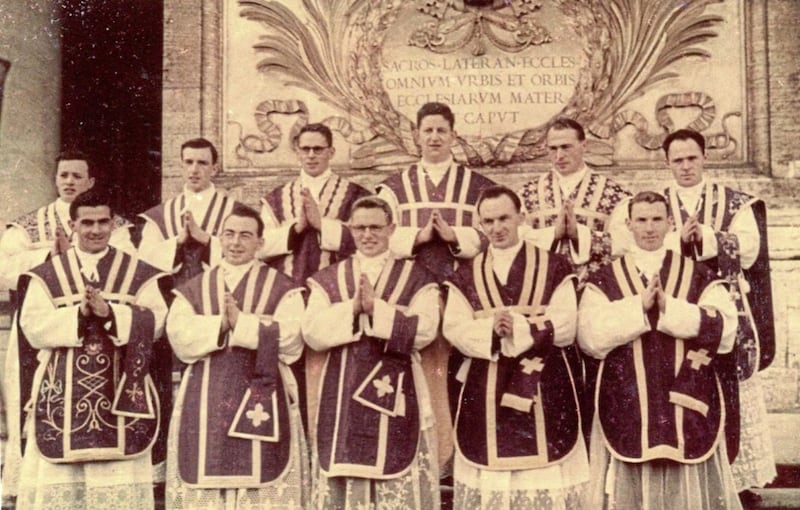 Fr Ambrose Macaulay (back row, second from right) was among 11 seminarians of the Pontifical Irish College in Rome ordained to the priesthood in St John Lateran in Rome on March 12 1960. Pictured, from left, are: (front row) Fr Thomas Crowley, Fr Brian Twomey, Fr Thomas Riordan, Fr Philip O&#39;Connell, Fr Michael Cooney; (back row) Fr Brian McCluskey, Fr Kevin McMullan, Fr Richard Buchhorn, Fr Joseph Garrihy, Fr Ambrose Macaulay and Fr Michael Collins (Derry) 
