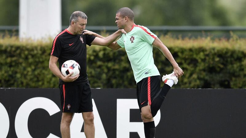 Portugal's Pepe trains in Marcoussis, near Paris on Tuesday ahead of Wednesday's clash with Wales in Lyon<br />Picture by AP