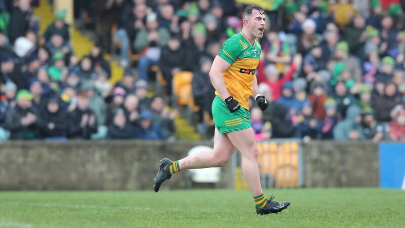 Donegal captain Patrick McBrearty roars away from the net to celebrate a goal against of Cork during the National Football League Div 2 match played at Ballybofey on Sunday 28th January 2024. Picture Margaret McLaughlin