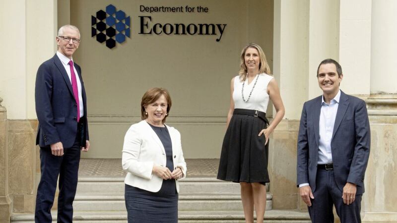 Announcing the AquaQ Analytics expansion are economy minister Diane Dodds and Invest NI&#39;s Brian Dolaghan with the firm&#39;s chief technology officer Jonny Press and business development director Ivy McFarlane 