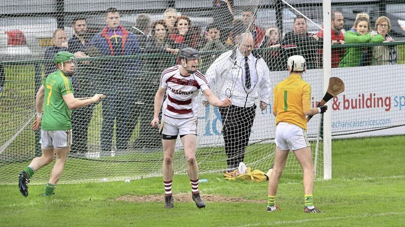 Slaughtneil's Brendan Rogers celebrates his goal against Dunloy during the Ulster Club Senior Hurling Championship semi-final at Owenbeg on Sunday Picture by Margaret McLaughlin