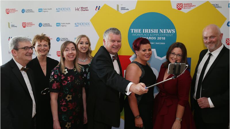 Irish News business editor Gary McDonald with the prize sponsors at the Irish News WEA awards at Titanic Belfast. Picture by Hugh Russell&nbsp;