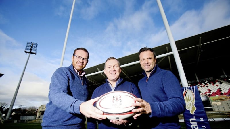 L-R: Ulster Rugby chief executive, Johnny Petrie; Square Box founder, Harry Harpur; and Bryn Cunningham, operations director at Ulster Rugby 