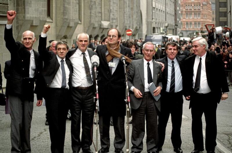 The Birmingham Six outside the Old Bailey in London after their convictions were quashed. They are, left to right, John Walker, Paddy Hill, Hugh Callaghan, Chris Mullen MP, Richard McIlkenny, Gerry Hunter and William Power&nbsp;
