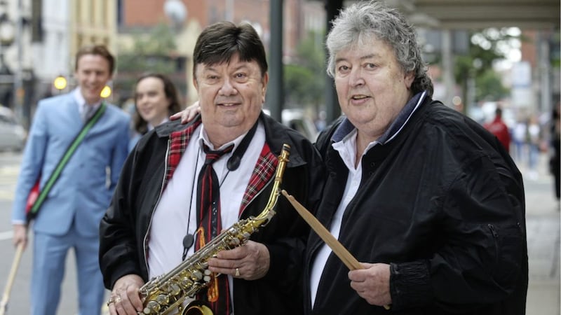 Surviving Miami Showband members, Des Lee (right) and Ray Miller at the Grand Opera House. Picture by Hugh Russell 