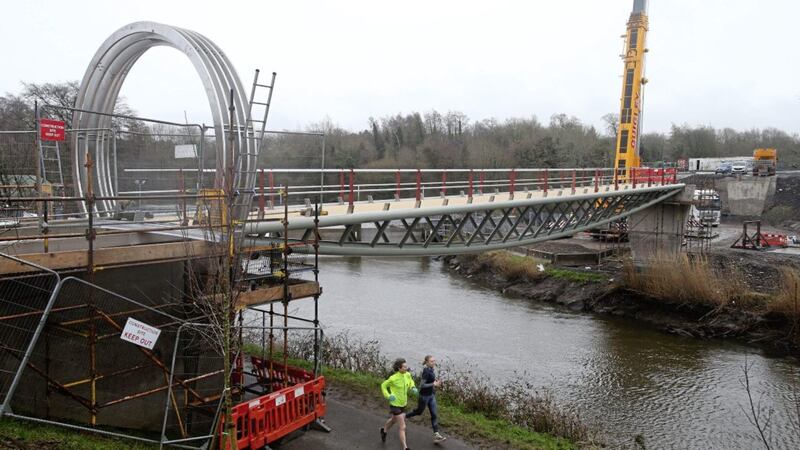The new bridge linking Annadale and Stranmillis in Belfast was lowered into place on Thursday. Picture by Mal McCann 