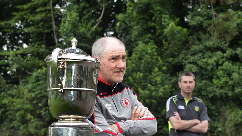 &nbsp;Tyrone manager Mickey Harte and Donegal manager Rory Gallagher at the Ulster Senior Final Launch in Strabane on Monday<br /> Picture by Margaret McLaughlin
