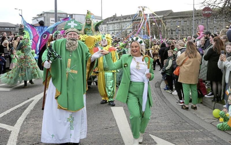 Mayor Sandra Duffy dancing with St Patrick at the St Patrick's Day parade and celebrations in Derry on Friday. Picture by Margaret McLaughlin