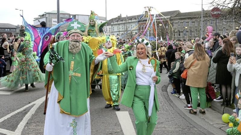 Mayor Sandra Duffy dancing with St Patrick at the St Patrick's Day parade and celebrations in Derry on Friday. Picture by Margaret McLaughlin