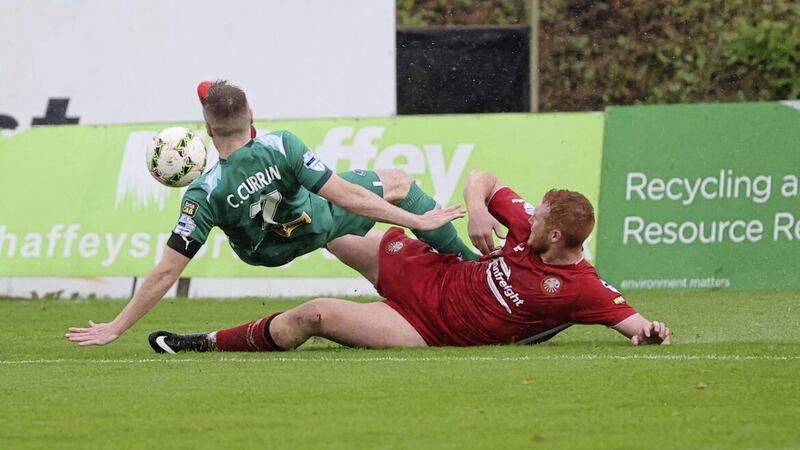 Portadown&#39;s Lee Upton upends Cliftonville&#39;s Chris Curran during Saturday&#39;s game at Shamrock Park Picture by David Maginnis/Pacemaker 