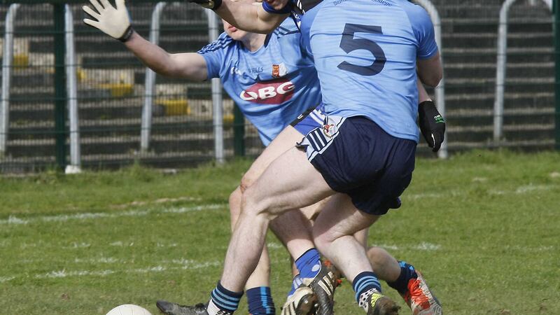 A combination of Summerhill's Brian Cox and Darren O'Hara brought down St Pat's Shane McGuigan for a penalty in the dying minutes of the game<br />Picture by Jim Dunne