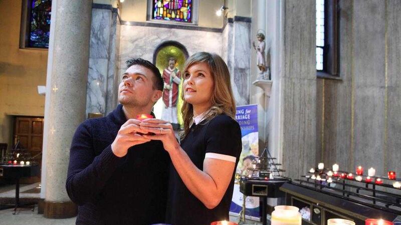Deirdre Eighan and Sean Whelan at the shrine of St Valentine in the Church of Our Lady of Mount Carmel 