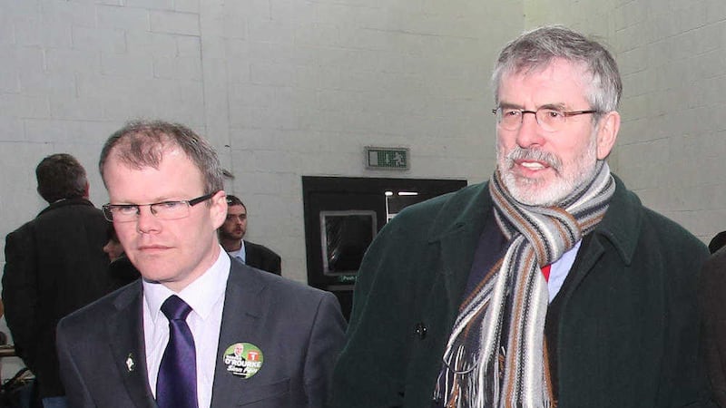 Meath West TD Peadar T&oacute;ib&iacute;n alongside Sinn F&eacute;in president Gerry Adams. Picture by Niall Carson, Press Association