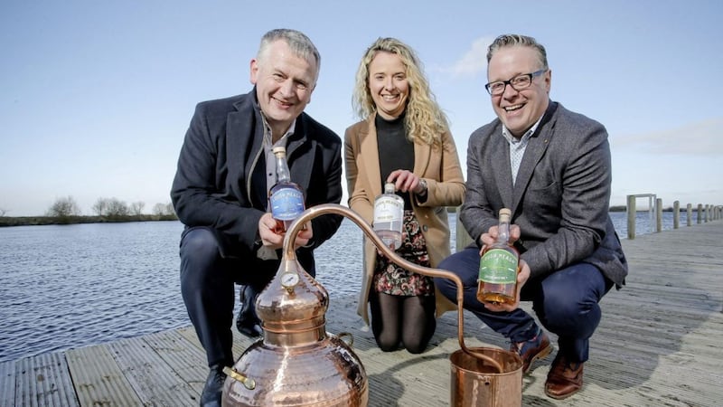 SPIRIT OF LOUGH NEAGH: Pictured celebrating the landmark deal are (from left) Lough Neagh Distillers&rsquo; managing director Max Hayes, spirits portfolio director Sorcha Mulholland and founder/owner Vernon Fox 