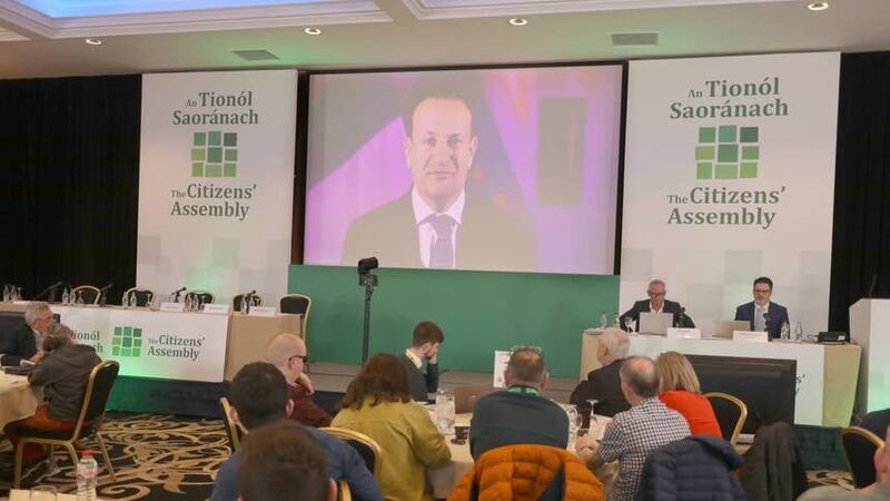 Chair Paul Reid and secretary of the assembly Cathal O Regan listen to Taoiseach Leo Varadkar’s video address at the inaugural meeting of the Citizens’ Assembly on drugs use (Maxwell Photography)