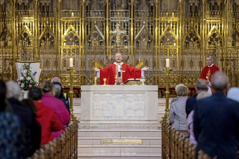 Archbishop of Armagh Eamon Martin said public Mass at St Patrick&#39;s Catholic Cathedral in Armagh on Monday for the first time since March, when Covid-19 lockdown measures forced places of worship to close their doors. Picture by Liam McBurney/PA Wire 
