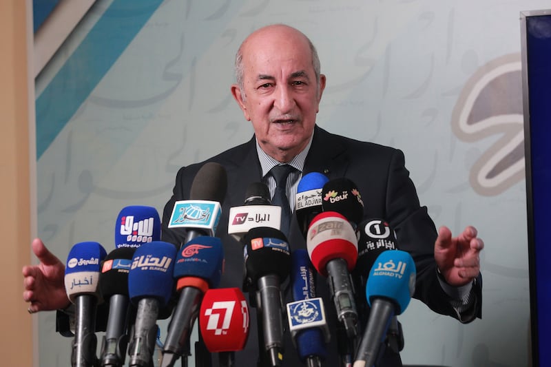 Algeria’s President Abdelmajid Tebboune gives a press conference (Fateh Guidoum/AP)