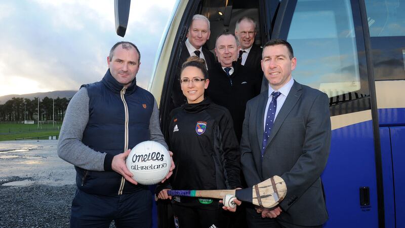 Armagh All-Ireland winners Stevie McDonnell, Diarmuid Marsden (head of club and community development, Ulster GAA) and Orchard ladies' footballer Sharon Reel were on hand to help launch the Translink Ulster GAA Young Volunteer award. Also pictured at the launch are Ulster GAA secretary Brian McAvoy, Ulster GAA PRO Michael Geoghegan and Translink Ulsterbus inspector Gerry Darcy