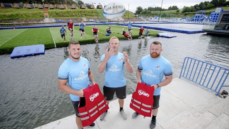 Ulster Rugby players Sean Reidy, Luke Marshall and Andrew Warwick try out the new aqua rugby pitch at Let&rsquo;s Go Hydro 