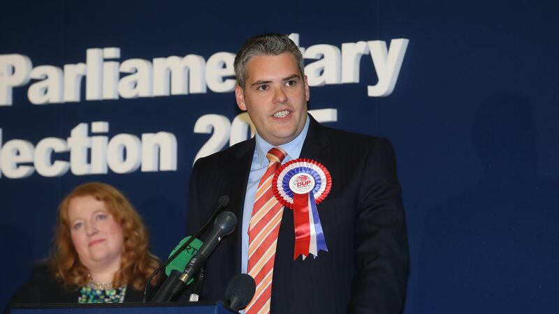 Newly elected DUP MP Gavin Robinson delivering his controversial acceptance speech in Belfast 