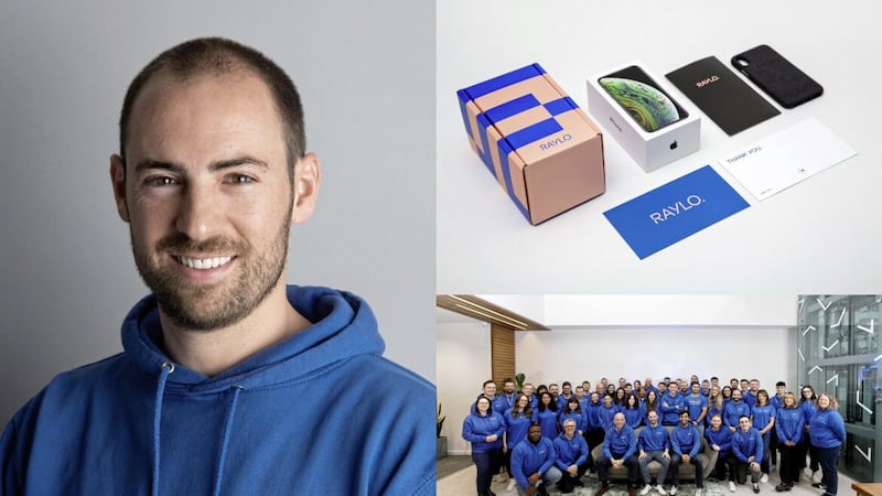Clockwise from left: Raylo boss Karl Gilbert with the firm&#39;s product packaging and his growing team. 