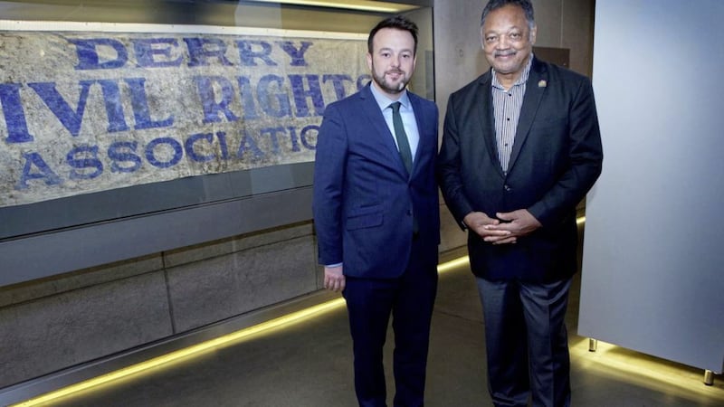 American civil rights campaigner Rev Jesse L Jackson with SDLP leader Colum Eastwood during a visit to the Museum of Free Derry in the city&#39;s Bogside yesterday. Picture by Margaret McLaughlin 
