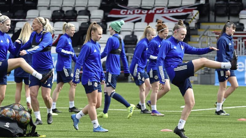 Northern Ireland training at Seaview ahead of their Women's Euro 2022 play-off second leg against Ukraine.<br /> Pic Colm Lenaghan/Pacemaker