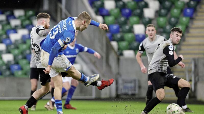 Linfield&#39;s Eetu Vertainen fires in a shot during Monday&#39;s Danske Bank Premiership game between Linfield and Coleraine at Windsor Park Picture: David Maginnis/Pacemaker Press 
