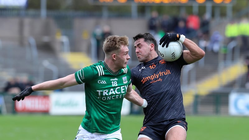 Fermanagh's Brandon Horan  and Armagh's Stefan Campbell in action during the Ulster Senior Football Championship quarter-final at Brewster Park
