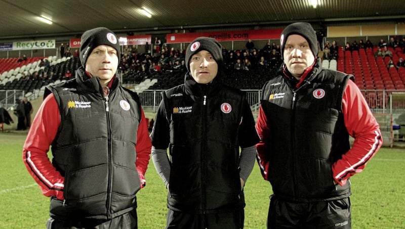 Tyrone managers Brian Dooher (middle) and Fergal Logan with Peter Canavan (left) at Healy Park in Omagh. Picture by Seamus Loughran. 