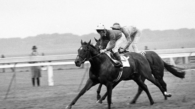 Pat Eddery wins the William Hill Dewhurst Stakes aboard Stormbird at Newmarket in October 1980&nbsp;<br />Picture by PA