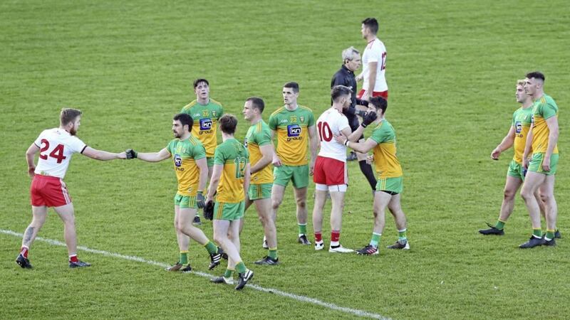 Donegal and Tyrone players at the final whistle of the Allianz Division One game at Ballybofey on October 18 2020. Picture by Margaret McLaughlin 