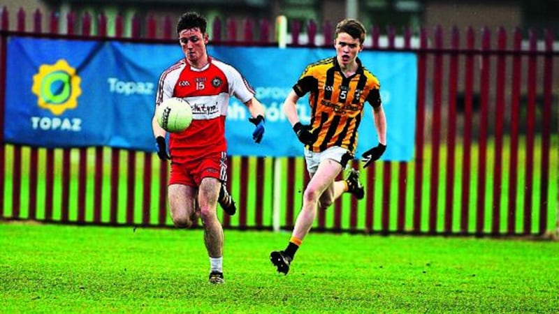 &nbsp; Kilrea&rsquo;s Paddy Quigg (left) was a major factor in the Derry champions&rsquo; win over reigning champions Crossmaglen Rangers in last week&rsquo;s Ulster Minor Football Tournament preliminary round, scoring 1-6, and will pose a huge threat to Glenties tomorrow Picture: Seamus Loughran