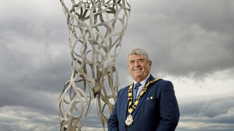 Mayor of Antrim and Newtownabbey, Billy Webb, with the &#39;Protector of the Lough&#39; sculpture installed at Antrim Lough Shore 