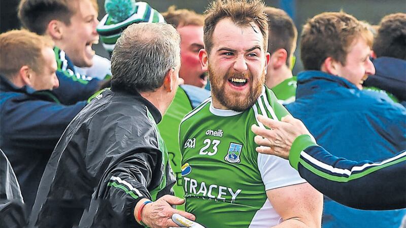 Seamus Quigley celebrates Fermanagh&rsquo;s promotion to Division Two after scoring three injury-time frees to beat Longford by a point&nbsp;