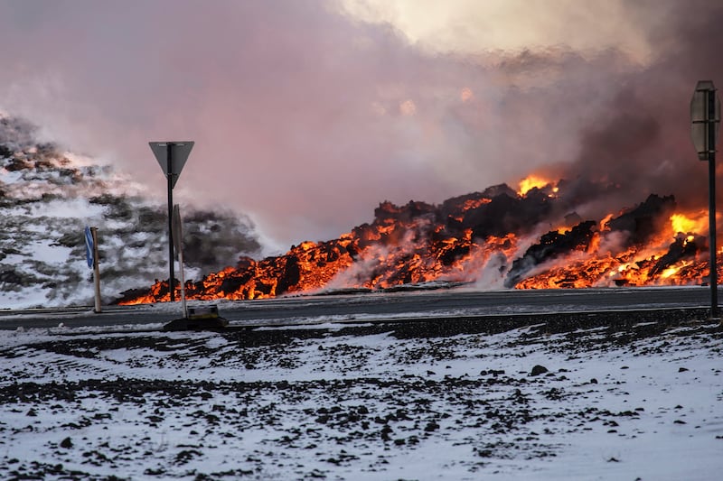 Lava near to the road to Grindavik close to the exit for the Blue Lagoon, in Grindavik, Iceland (Marco Di Marco/AP)